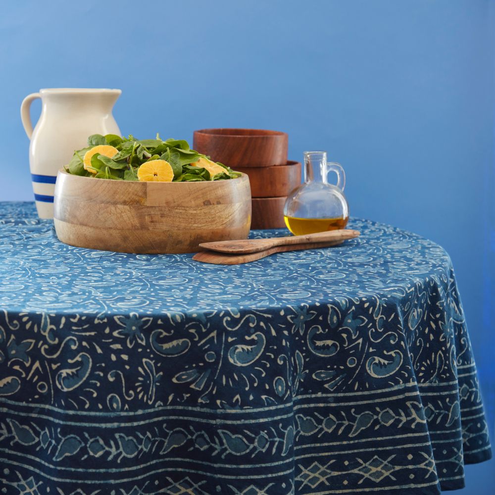 Indigo Paisley Block Print 70" Round Tablecloth