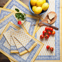 Yellow Blue Motif Block Print Table Runner Placemat Napkins Set