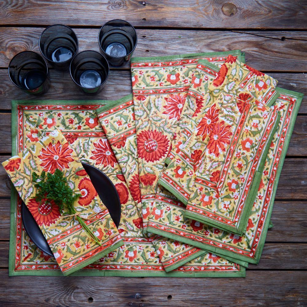 Orange Sunflower Block Print 20 x 20 Napkin Set