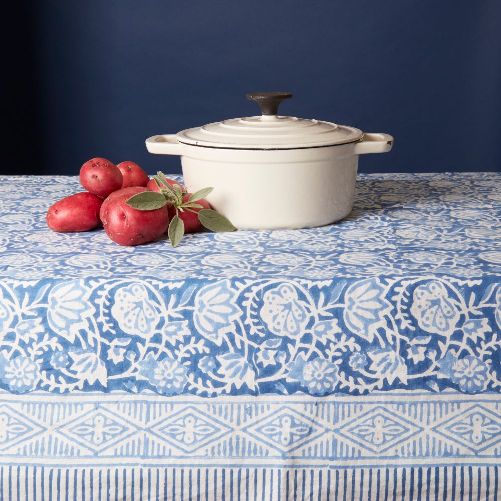 Blue Floral Block Print 60 x 90 Rectangle Tablecloth