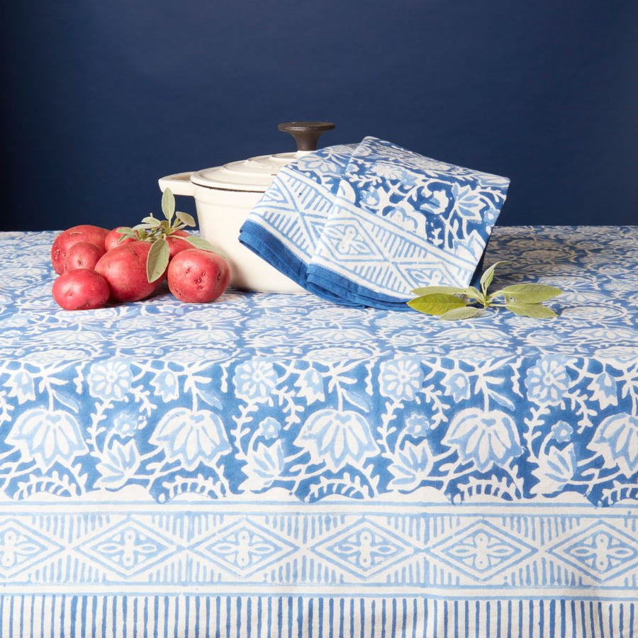 Blue Floral Block Print 60 x 90 Rectangle Tablecloth