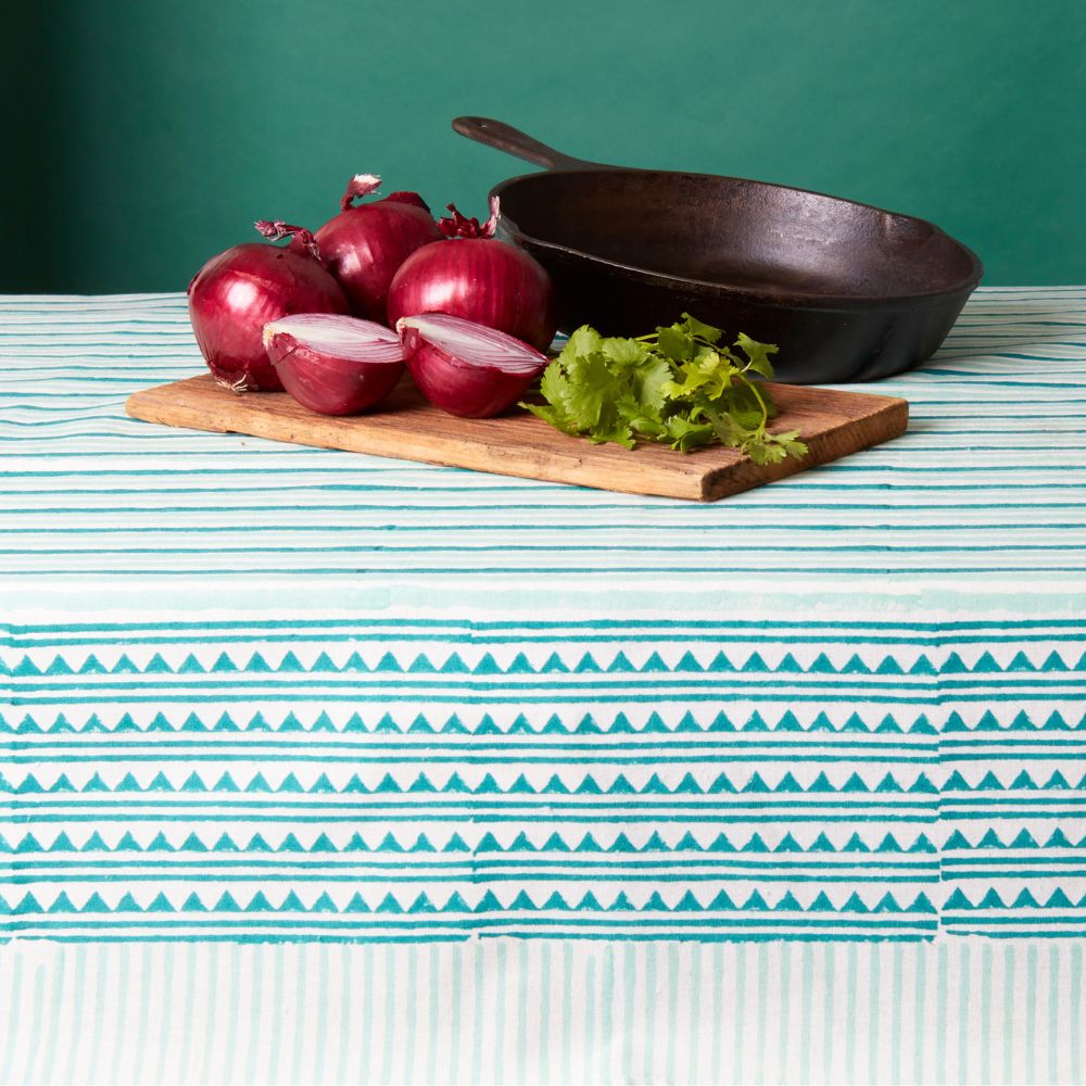 Light Blue Stripe Block Print 60 x 90 Rectangle Tablecloth