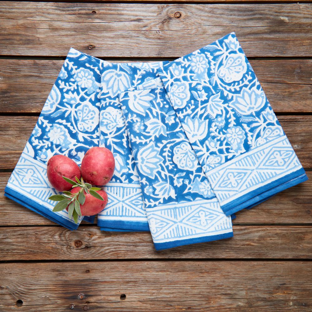 Blue Floral 90" Block Print Tablecloth Napkin Set
