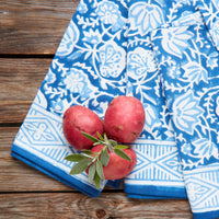 Blue Floral Block Print 60 x 90 Rectangle Tablecloth Napkin Set