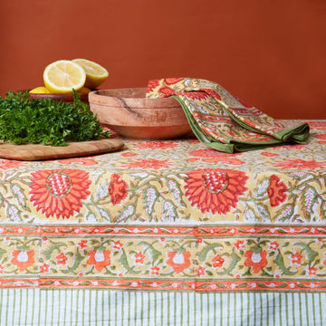 Orange Sunflower Block Print 60 x 90 Rectangle Tablecloth Napkin Set