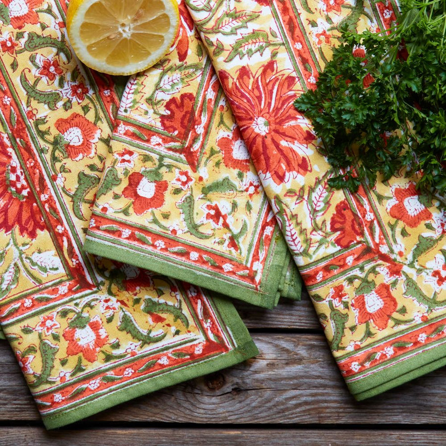 Orange Sunflower Block Print Tablecloth Napkin Set