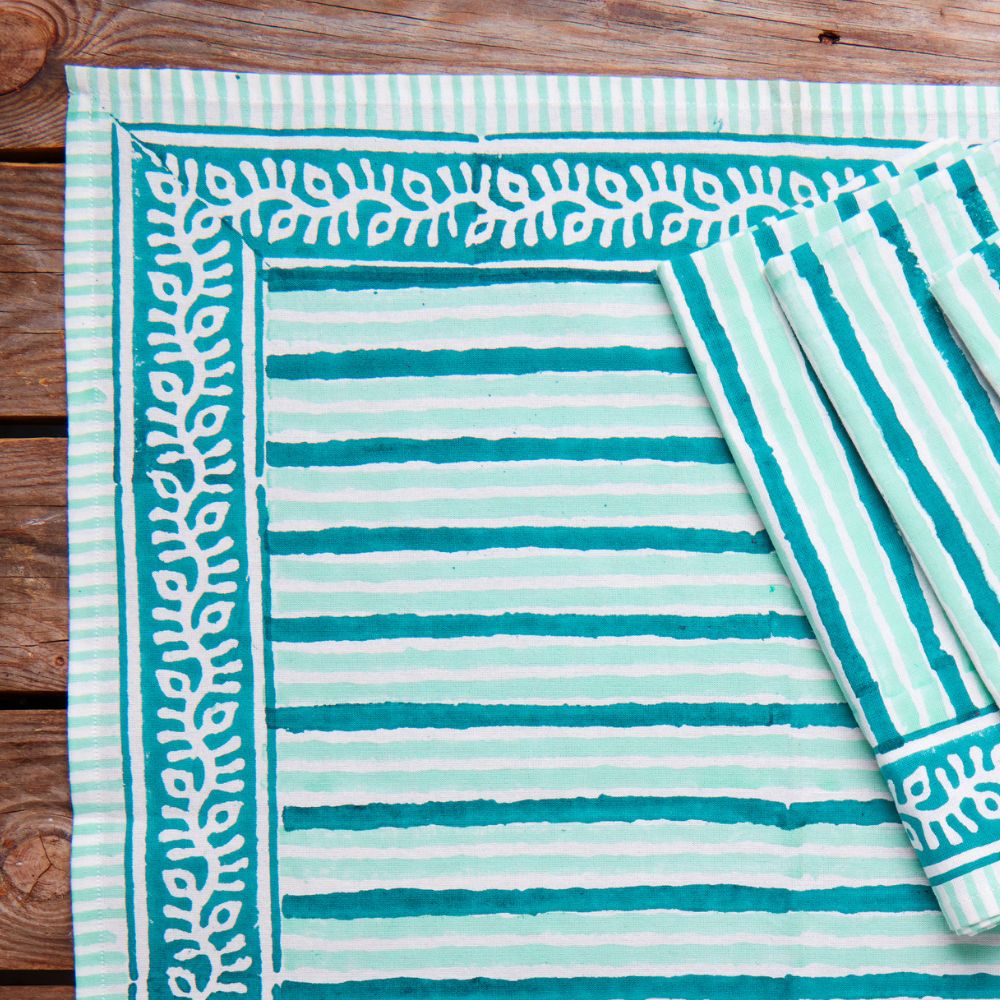 Teal Stripe Block Print 60 x 90 Rectangle Tablecloth Napkin Set