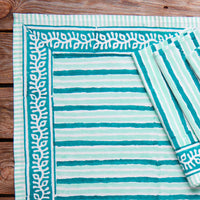 Teal Stripe Block Print 60 x 90 Rectangle Tablecloth Napkin Set