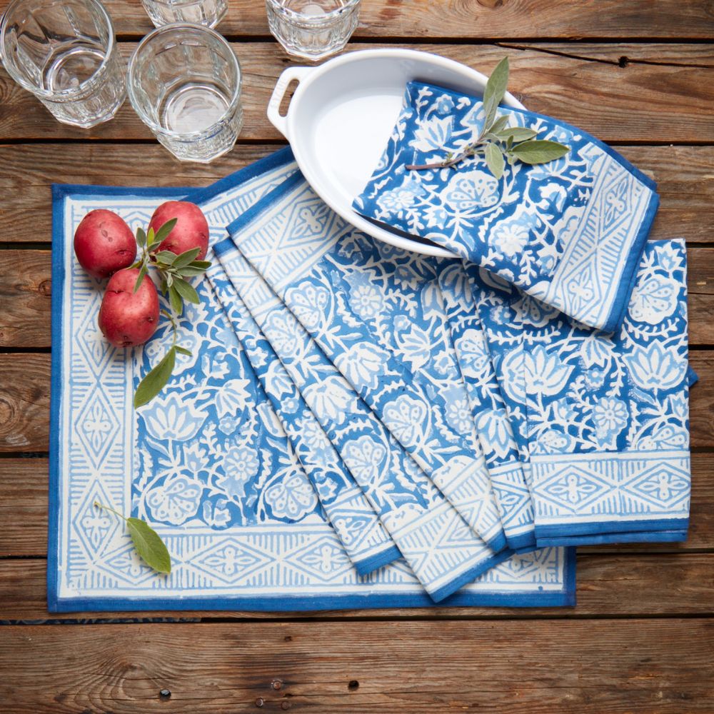 Blue Floral Block Print Placemat Set