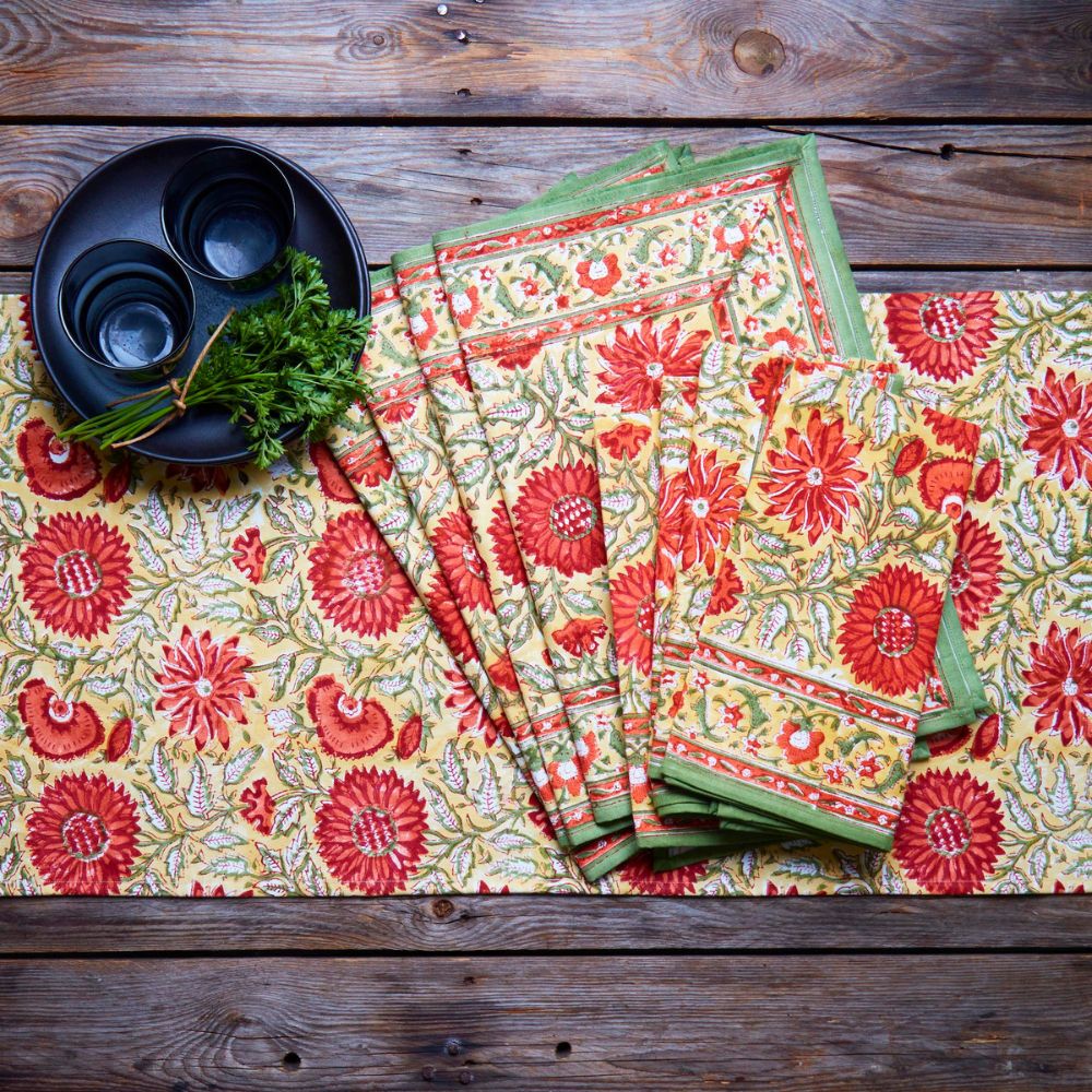 Orange Sunflower Block Print 72 x 14 Table Runner