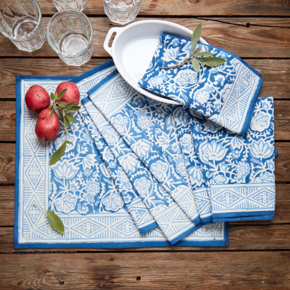 Blue Floral Block Print Placemat Napkins Set