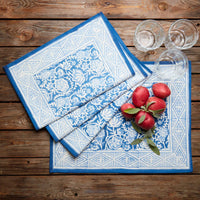 Blue Floral Block Print Placemat Napkins Set