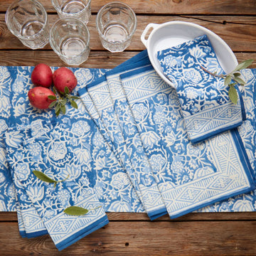 Blue Floral Block Print Table Runner Placemat Napkins Set