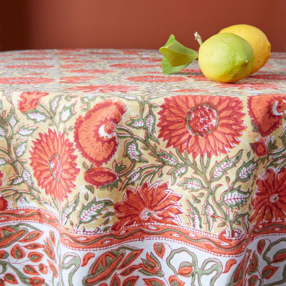 Orange Sunflower Block Print 70" Round Tablecloth