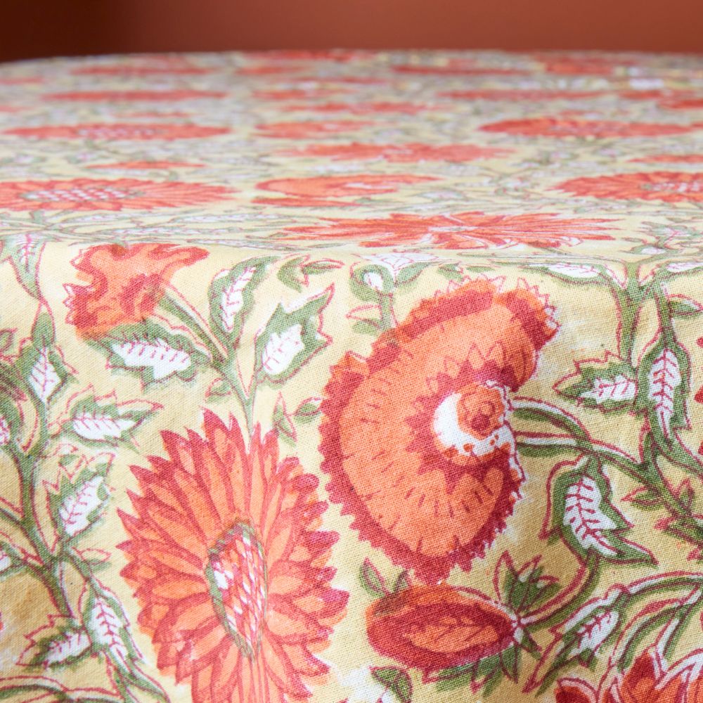 Orange Sunflower Block Print 70" Round Tablecloth