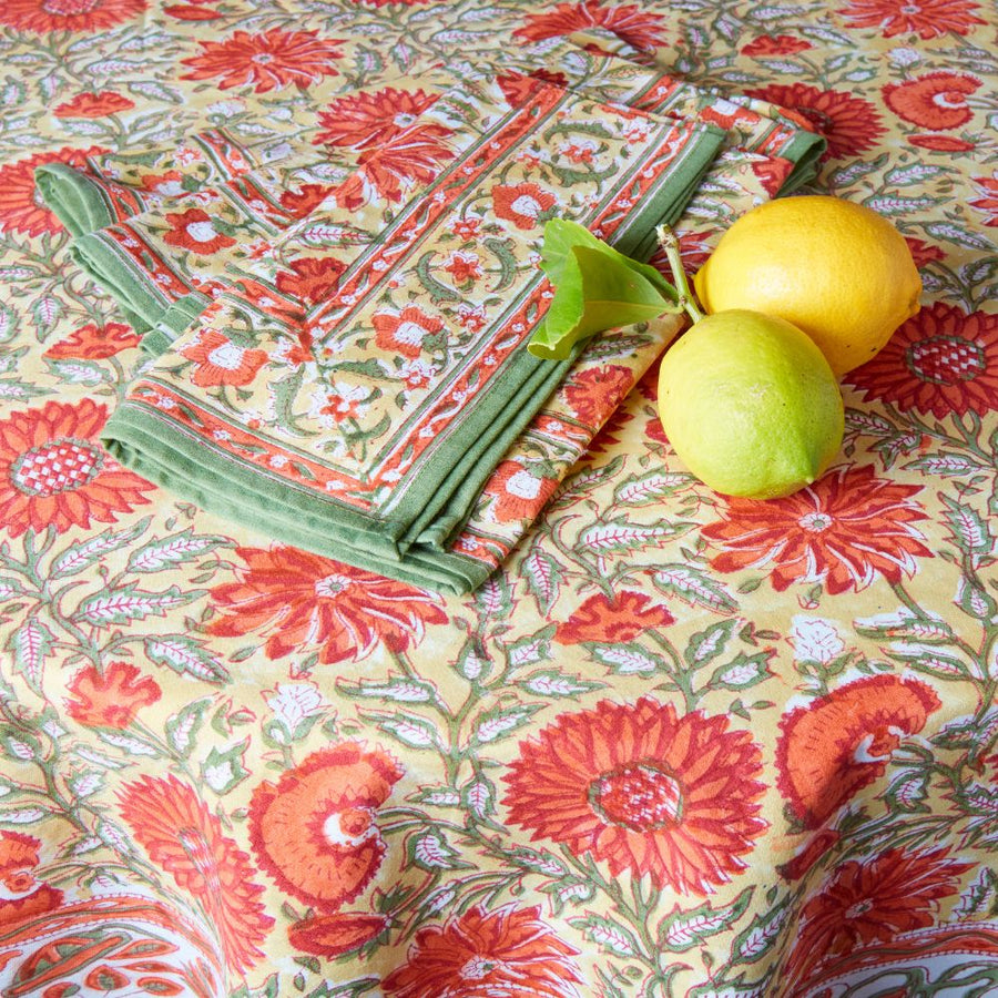 Orange Sunflower Block Print 70" Round Tablecloth Napkin Set