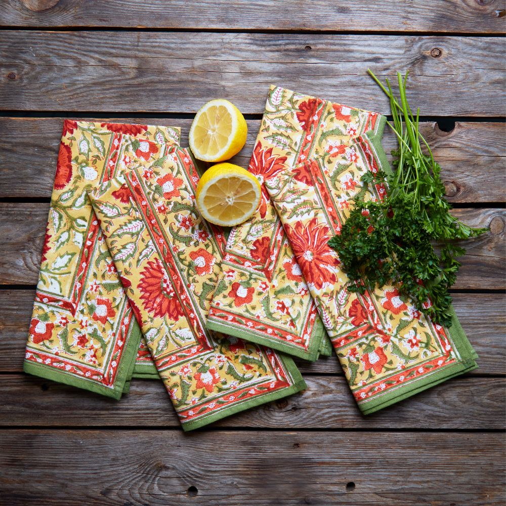 Orange Sunflower Block Print 70" Round Tablecloth Napkin Set