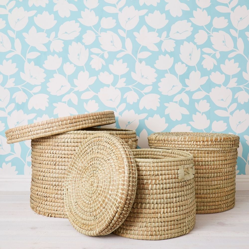 Large Storage Natural Grass Lid Basket Set of 3