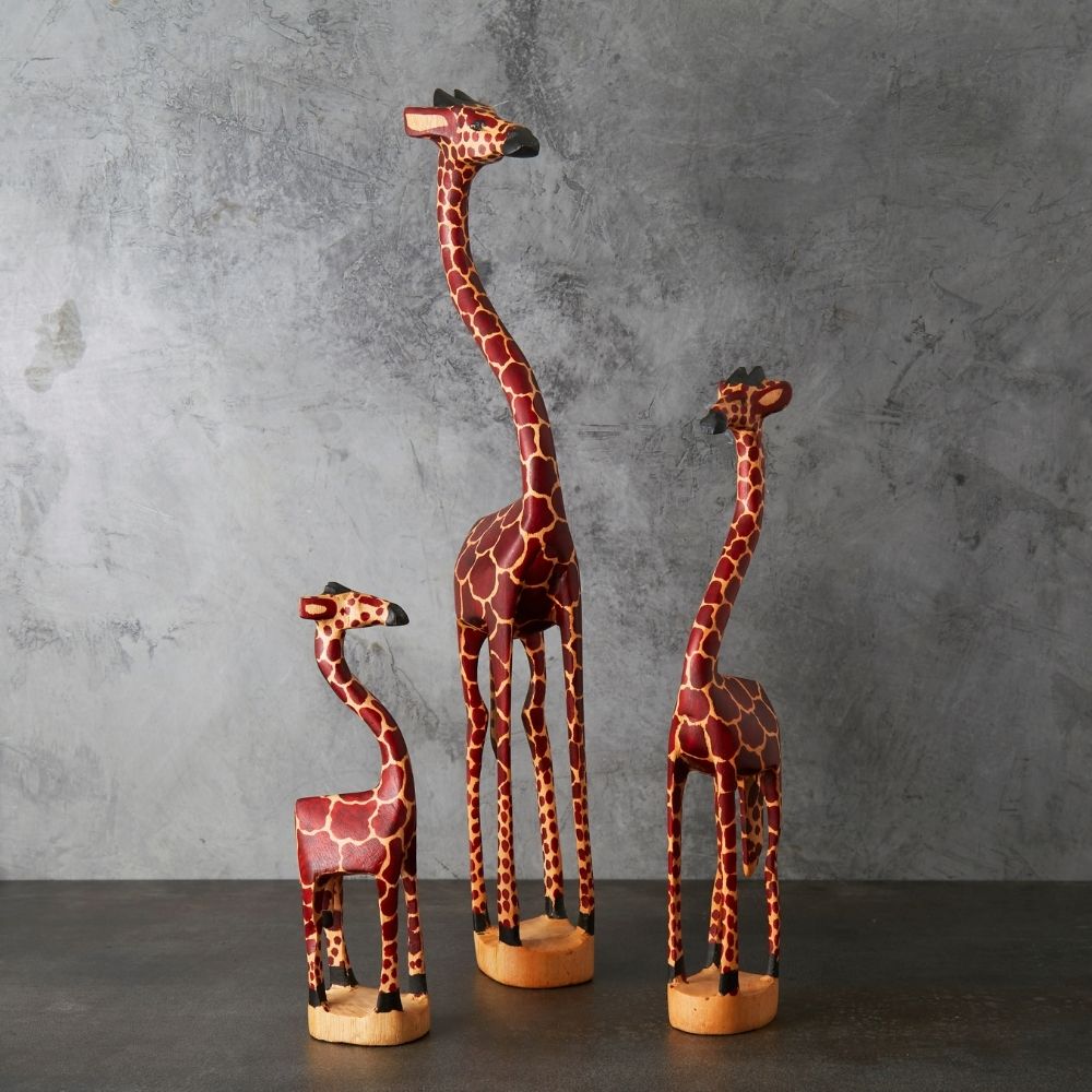 18" Tall Skinny Painted Wood Giraffe Family Sculpture Set
