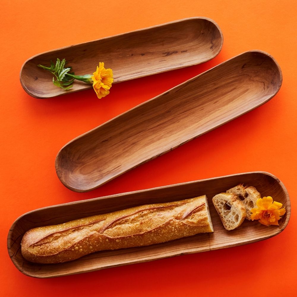 Long Olive Wood Baguette Bowl Set
