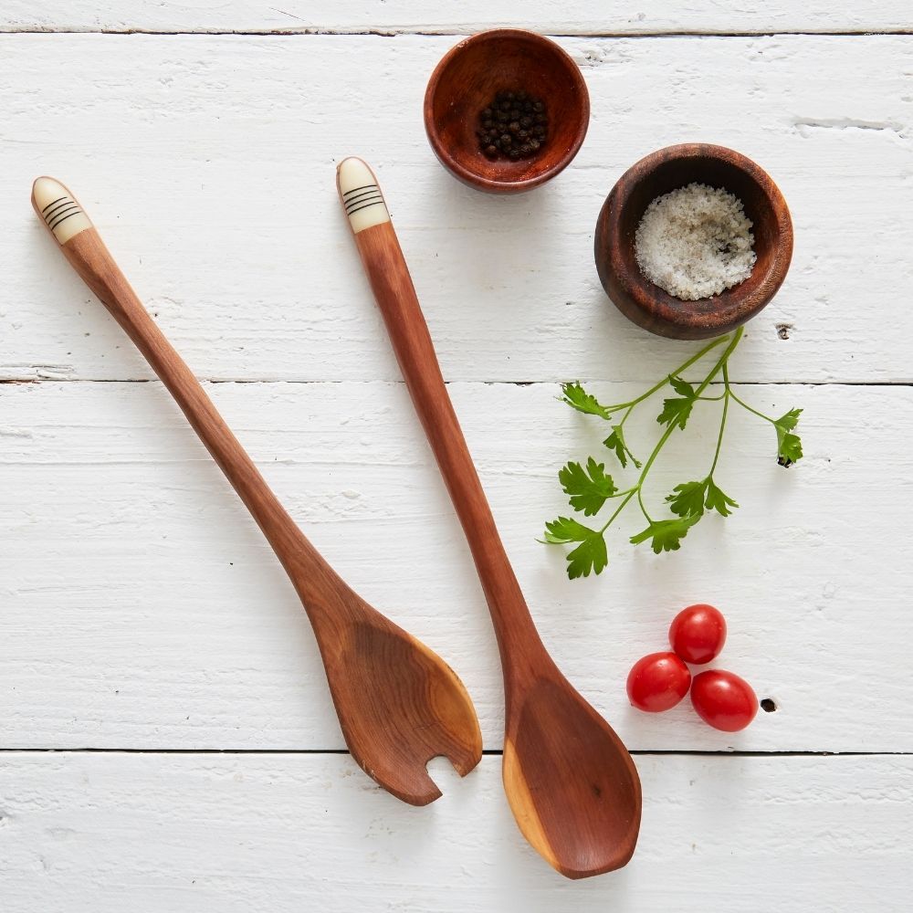 Slim Wood Bone Salad Server Set