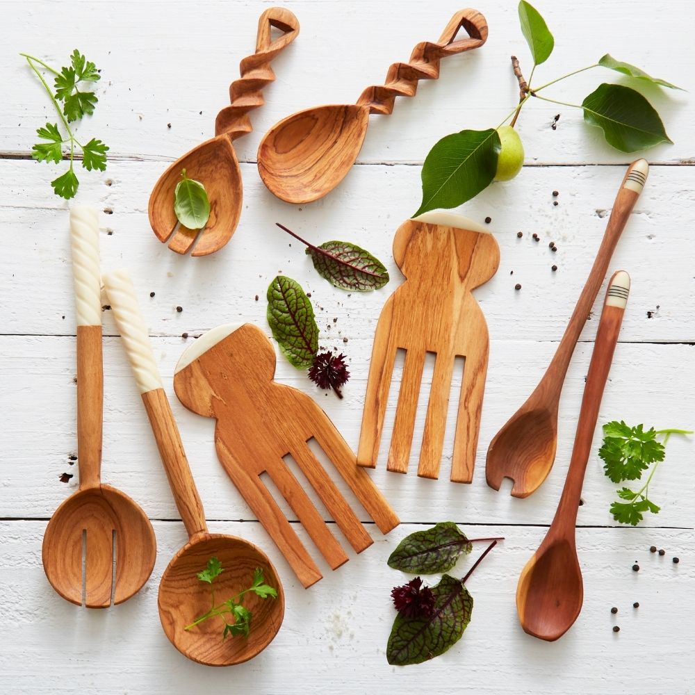 Tall Olive Wood Bone Salad Server Set