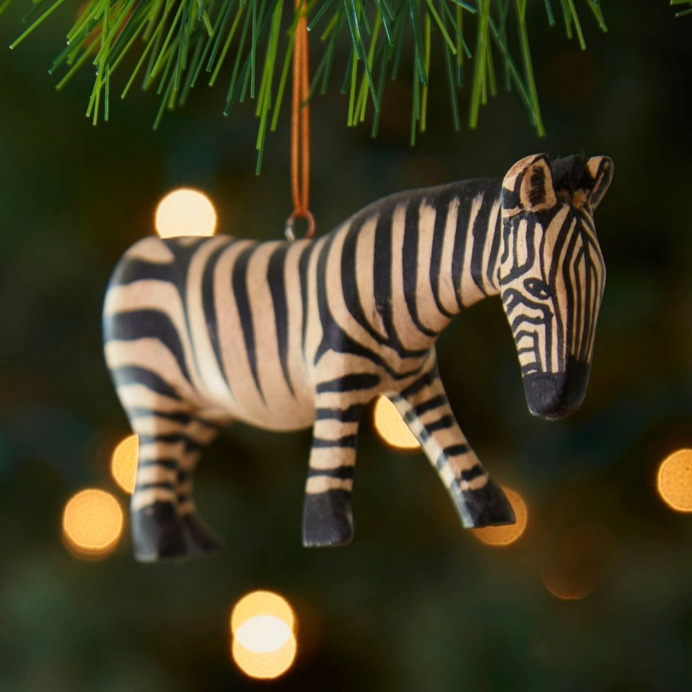 Painted Wood Zebra Christmas Ornament
