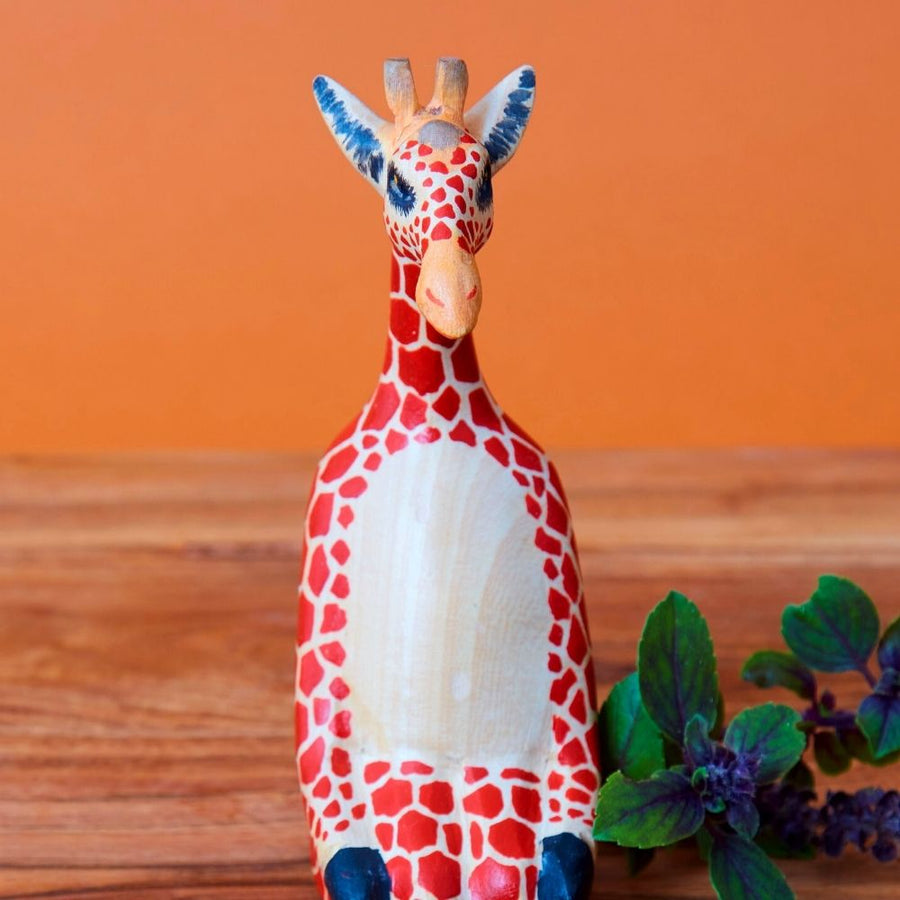 Painted Wood Sitting Giraffe Sculpture