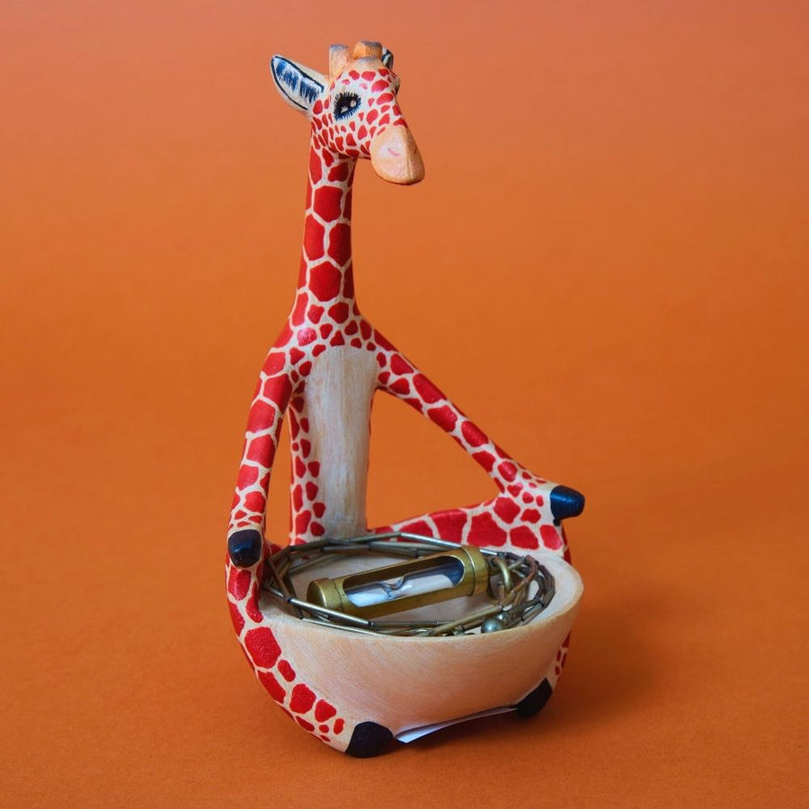 Painted Wood Sitting Giraffe Trinket Bowl