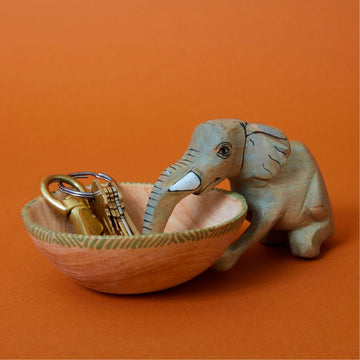 Painted Wood Drinking Elephant Trinket Bowl