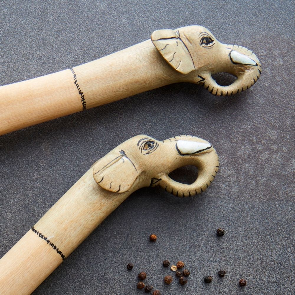 Painted Wood Elephant Salad Server Set