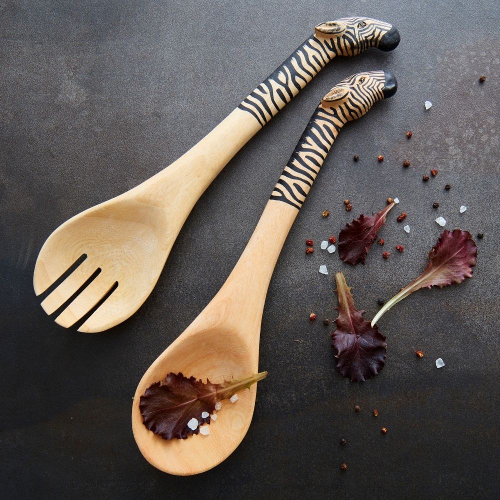 Painted Wood Zebra Salad Server Set