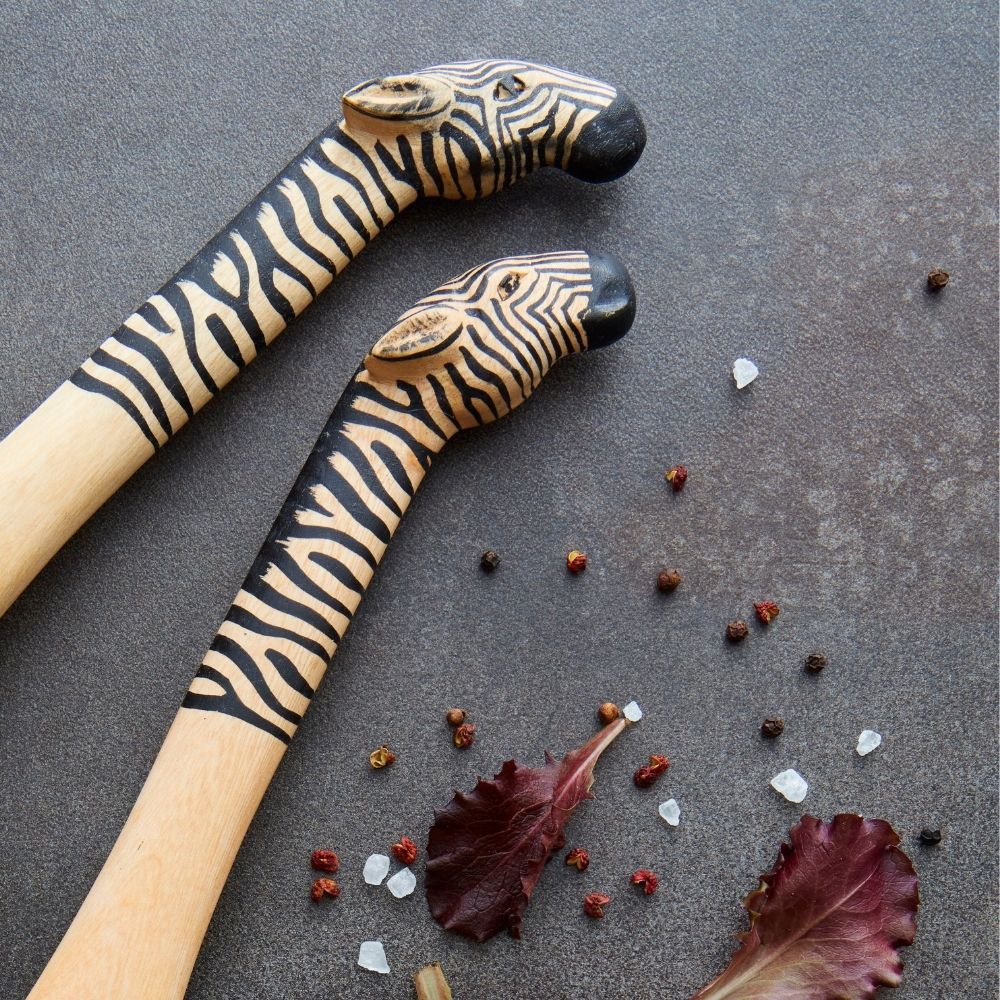 Painted Wood Zebra Salad Server Set