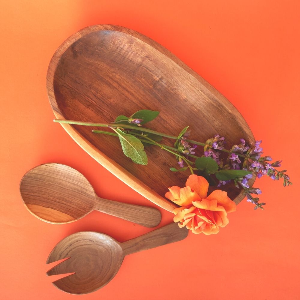 Oval Olive Wood Salad Bowl Server Set