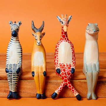 Painted Wood Giraffe Alligator Zebra Antelope Sitting Sculpture Set