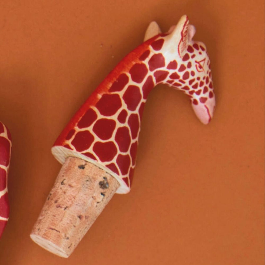 Painted Wood Giraffe Wine Bottle Topper Set