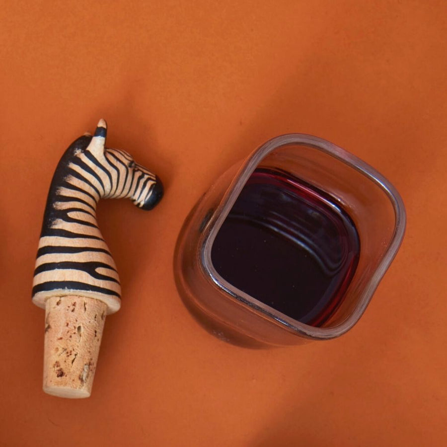 Painted Wood Zebra Wine Bottle Topper Set