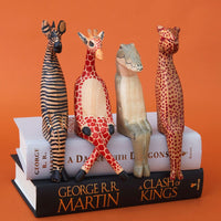 Painted Wood Giraffe Alligator Zebra Cheetah Sitting Sculpture Set