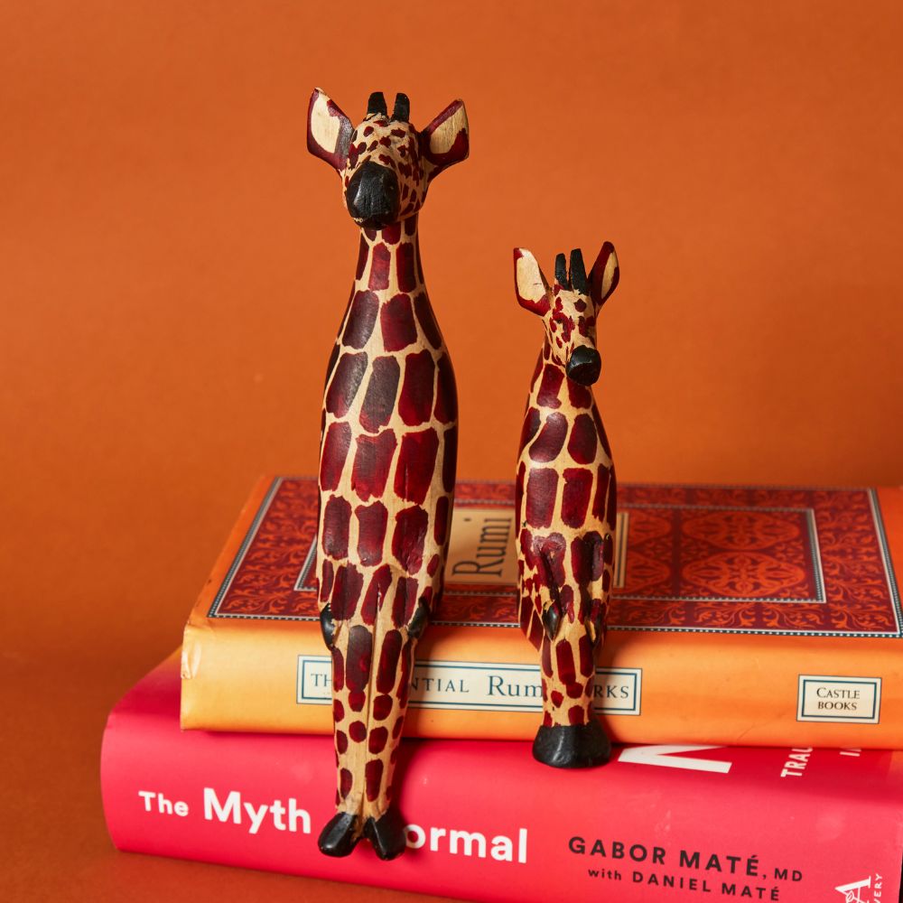 Painted Wood Mommy Baby Giraffe Sitting Sculpture Set of 2