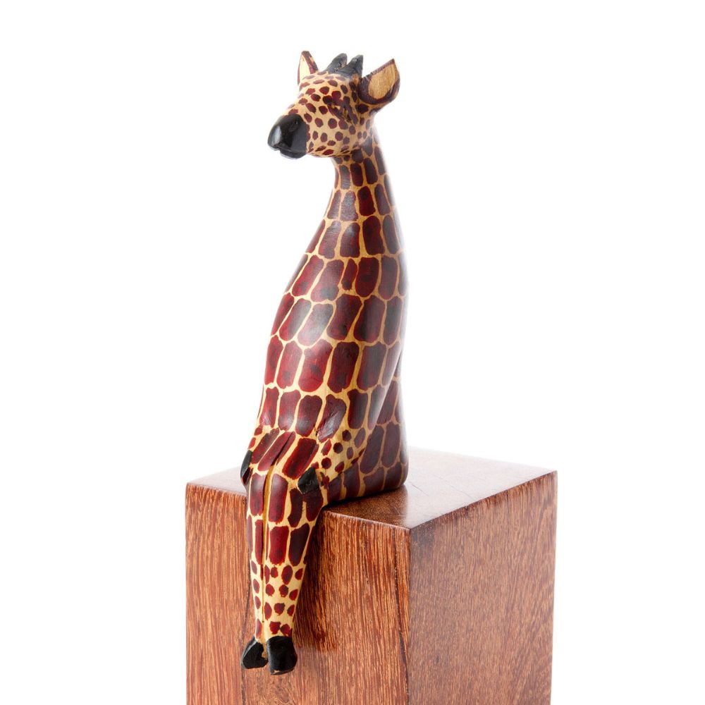 Painted Wood Mommy Baby Giraffe Sitting Sculpture Set of 2