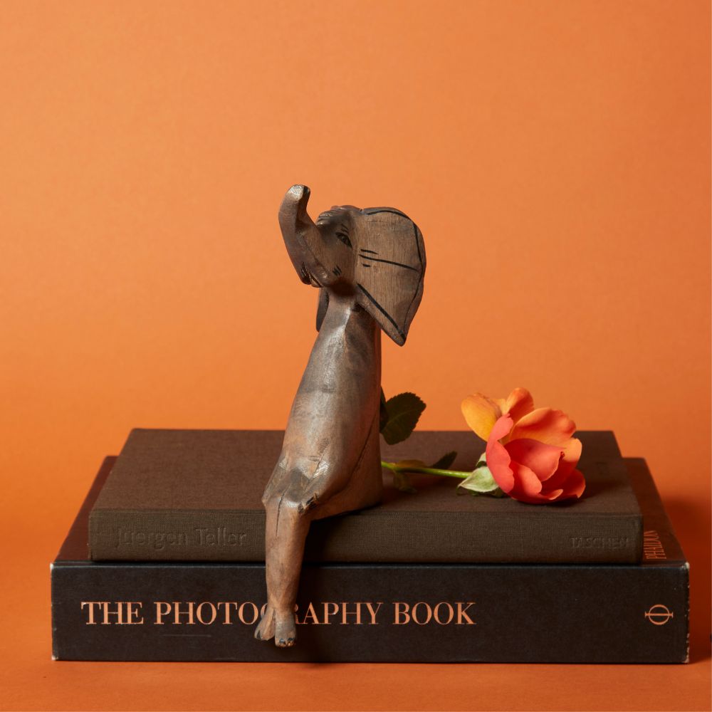 Painted Wood Sitting Elephant Sculpture