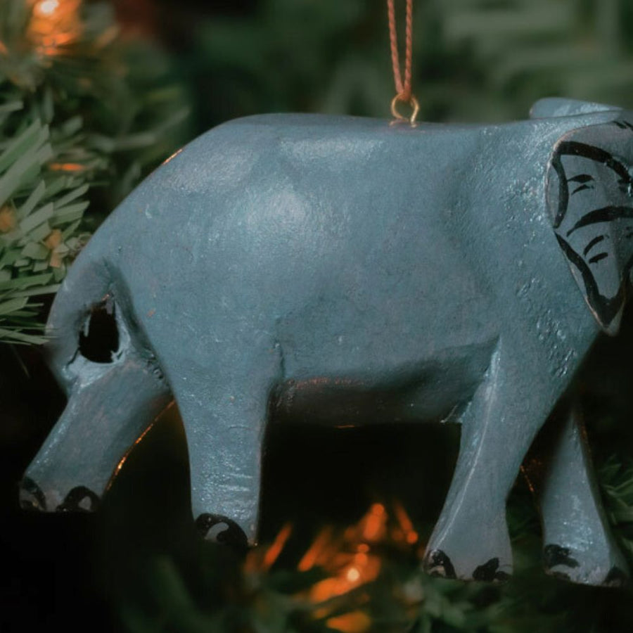 Painted Wood Elephant Christmas Ornament