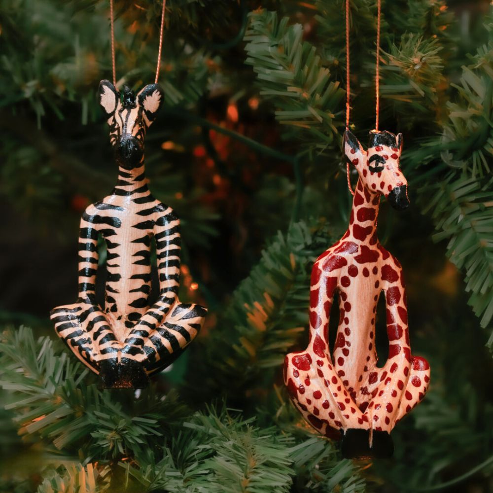 Painted Wood Yoga Fitness Pals Giraffe Zebra Ornament Set