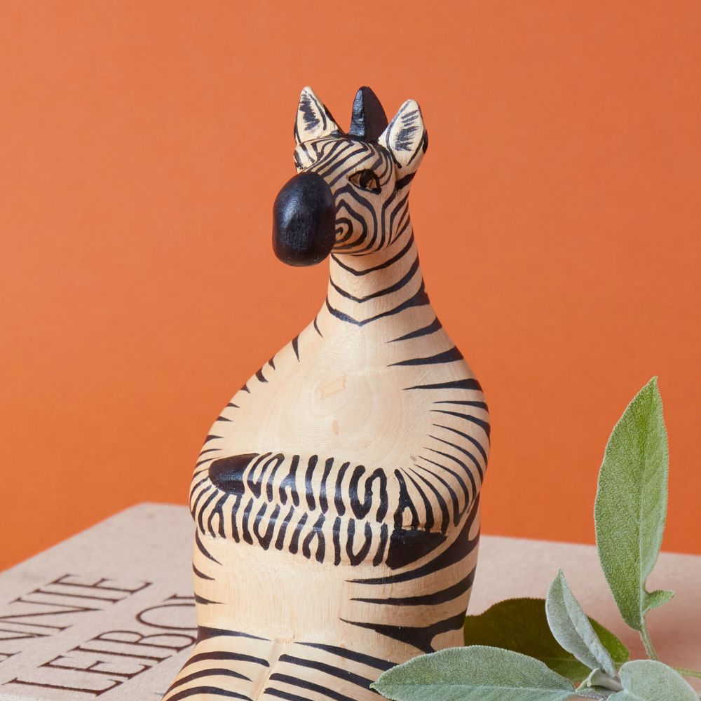 Painted Wood Sitting Plus Size Zebra Sculpture