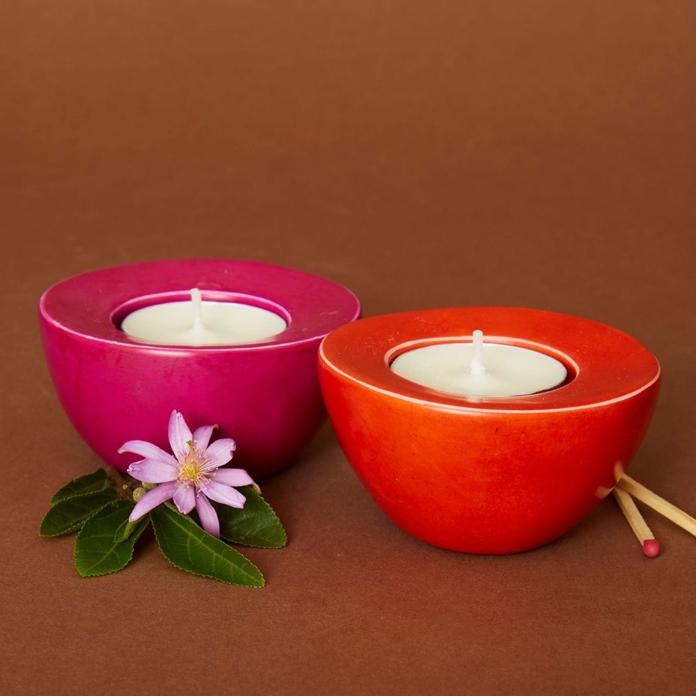 Kisii Stone Pink Orange Tealight Holder Set