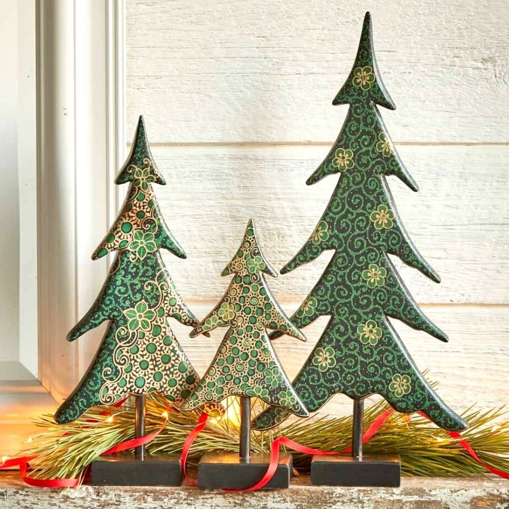 Batik Wood Tabletop Holiday Trees Set