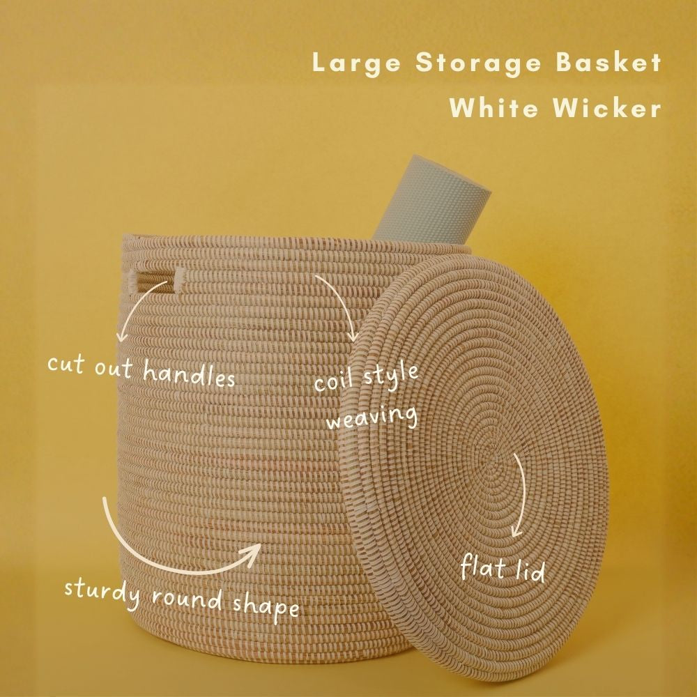 Large White Wicker Basket with Lid