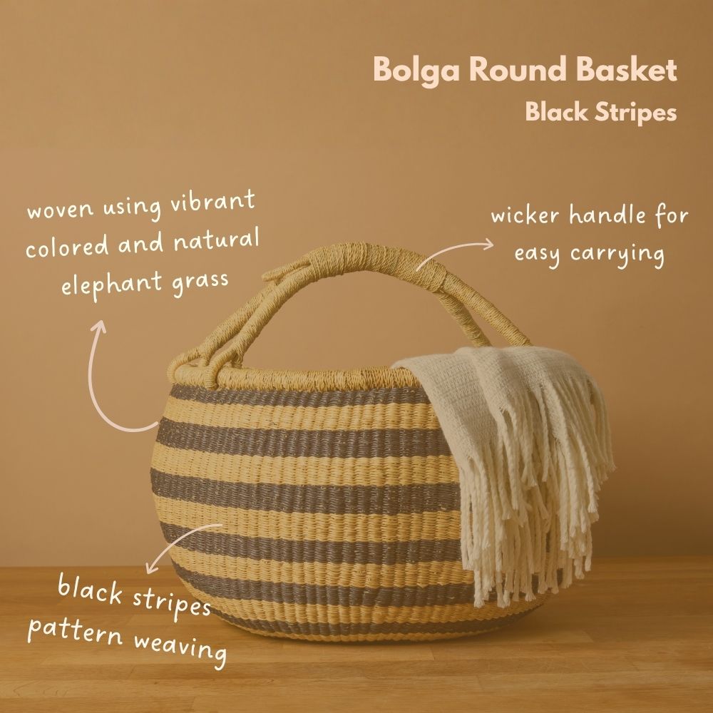 Round Bolga Basket with Handles, Stripes, 16 Inch Wide