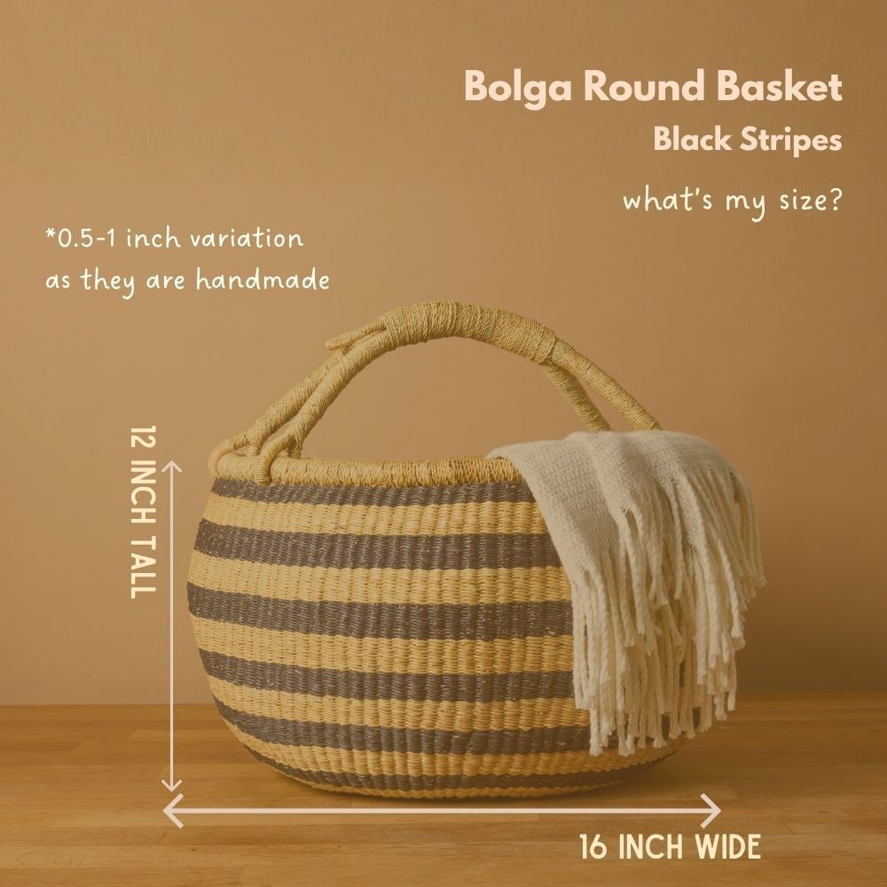 Round Bolga Basket with Handles, Stripes, 16 Inch Wide