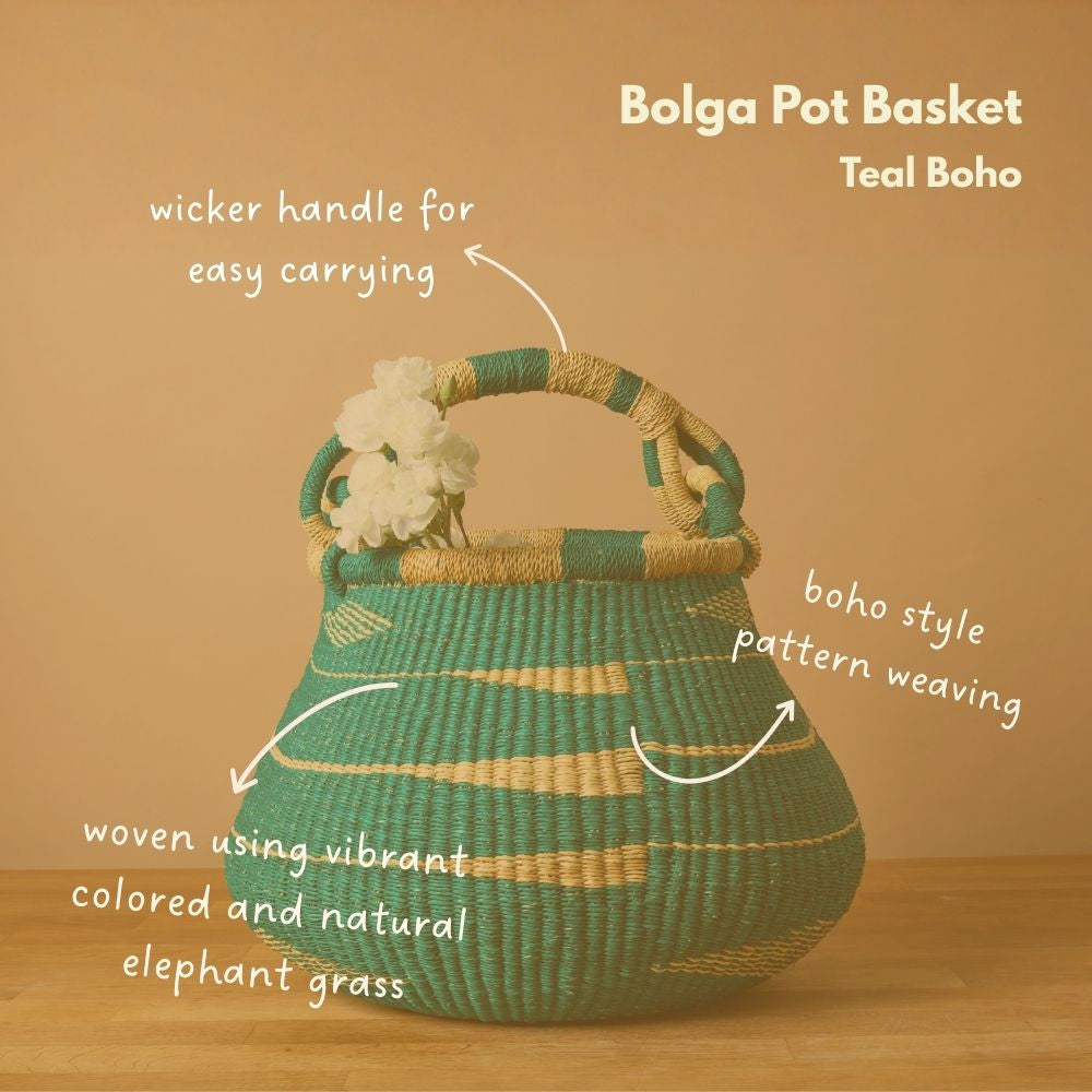 Bolga Pot Basket, Boho Style, 16 Inch Wide